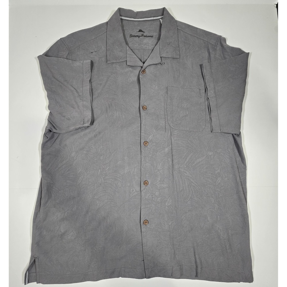 Tommy Bahama Camp Shirt Mens XL Gray St Lucia Fronds Silk Short Sleeve Button Up